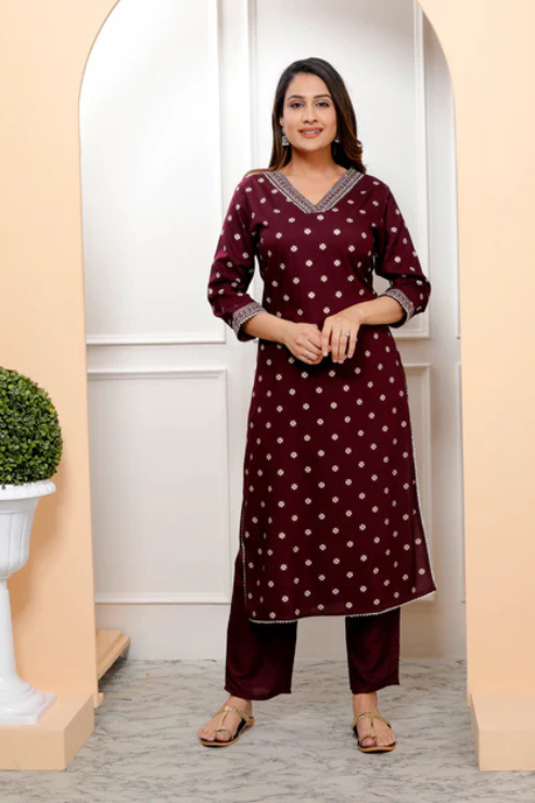 Wine Embroidered V Neck Women Straight Rayon Kurta