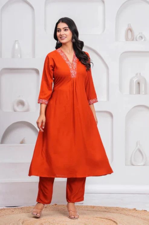 Women Rust Orange Rayon Kurta Pant Set | V-Neck Embroidered Straight Kurti with 3/4 Sleeves Ethnic Wear