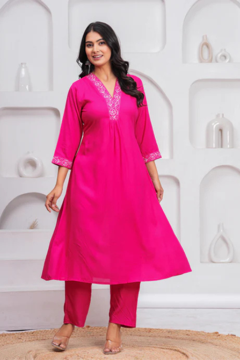 Women  Pink Rayon Kurta Pant Set | V-Neck Embroidered Straight Kurti with 3/4 Sleeves Ethnic Wear