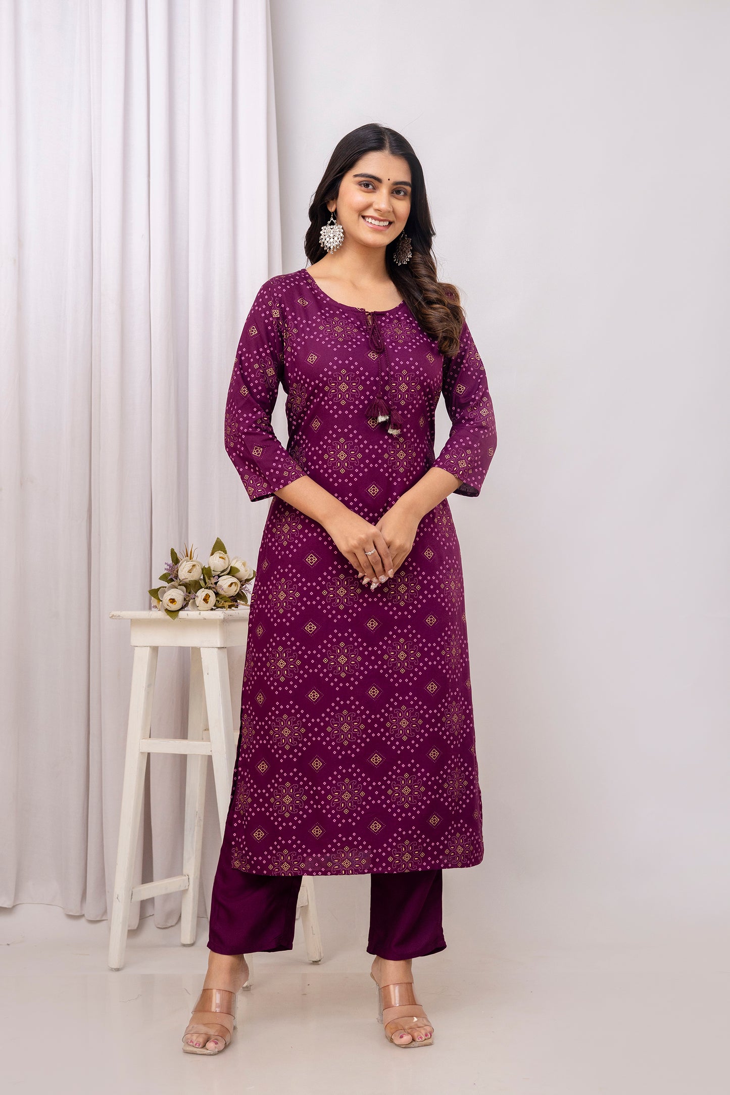 Wine Rayon Bandhani Printed Straight Kurta and Pant with Dori and Tussels
