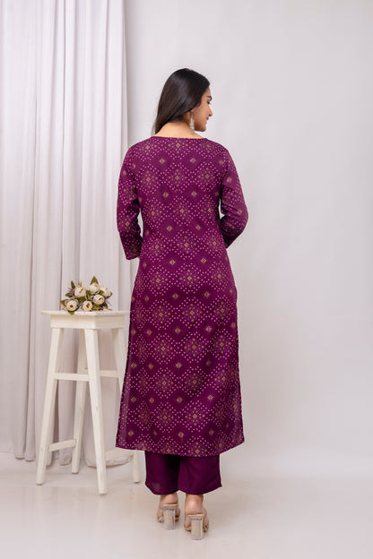 Wine Rayon Bandhani Printed Straight Kurta and Pant with Dori and Tussels
