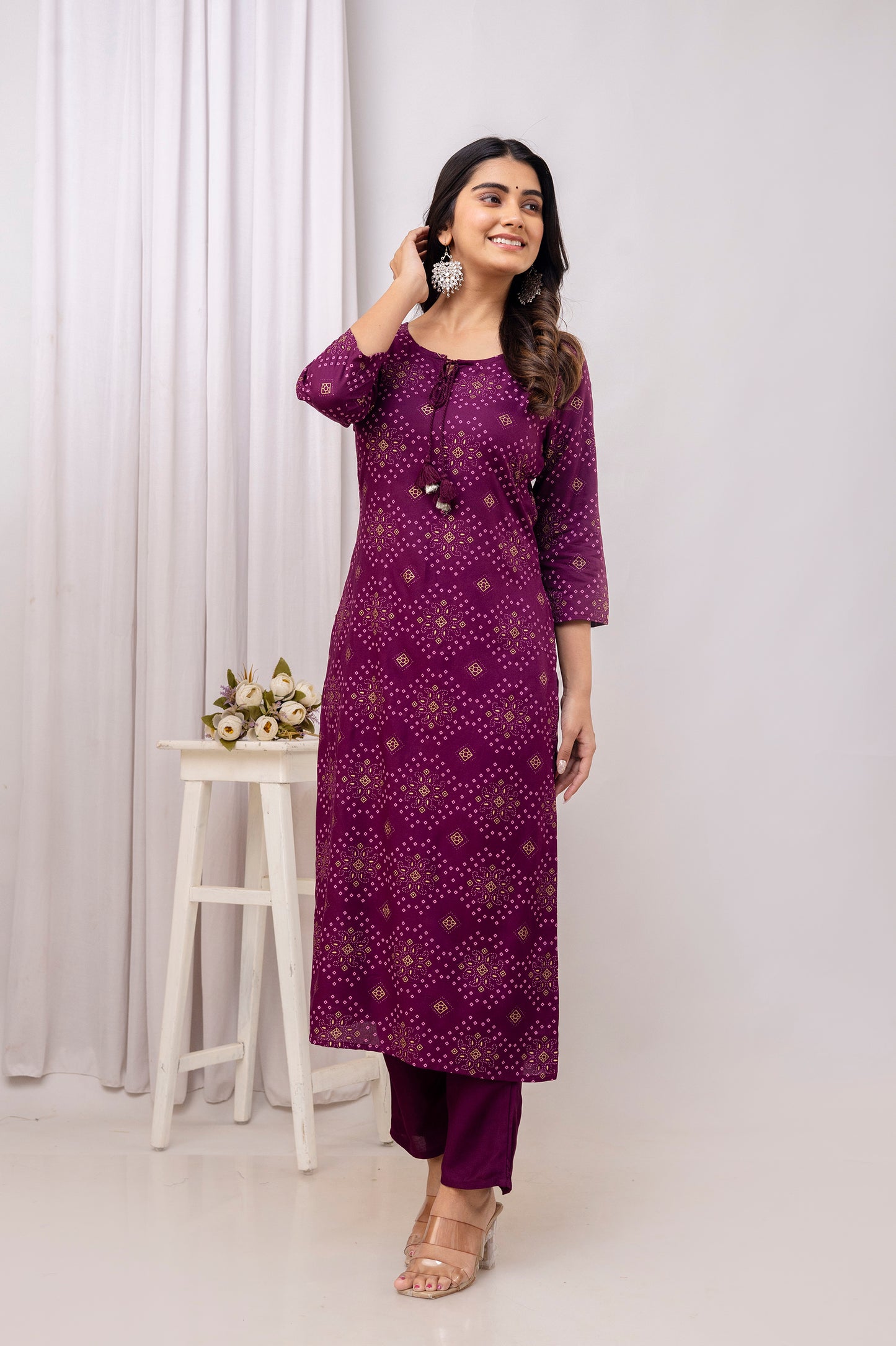 Wine Rayon Bandhani Printed Straight Kurta and Pant with Dori and Tussels