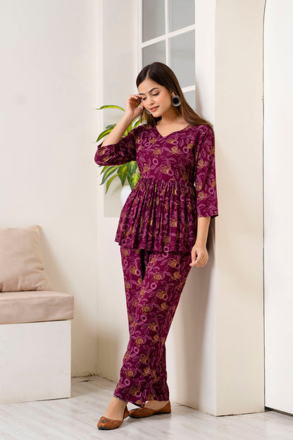 Veshviti Wine Leafs Printed Rayon Co-ord Set