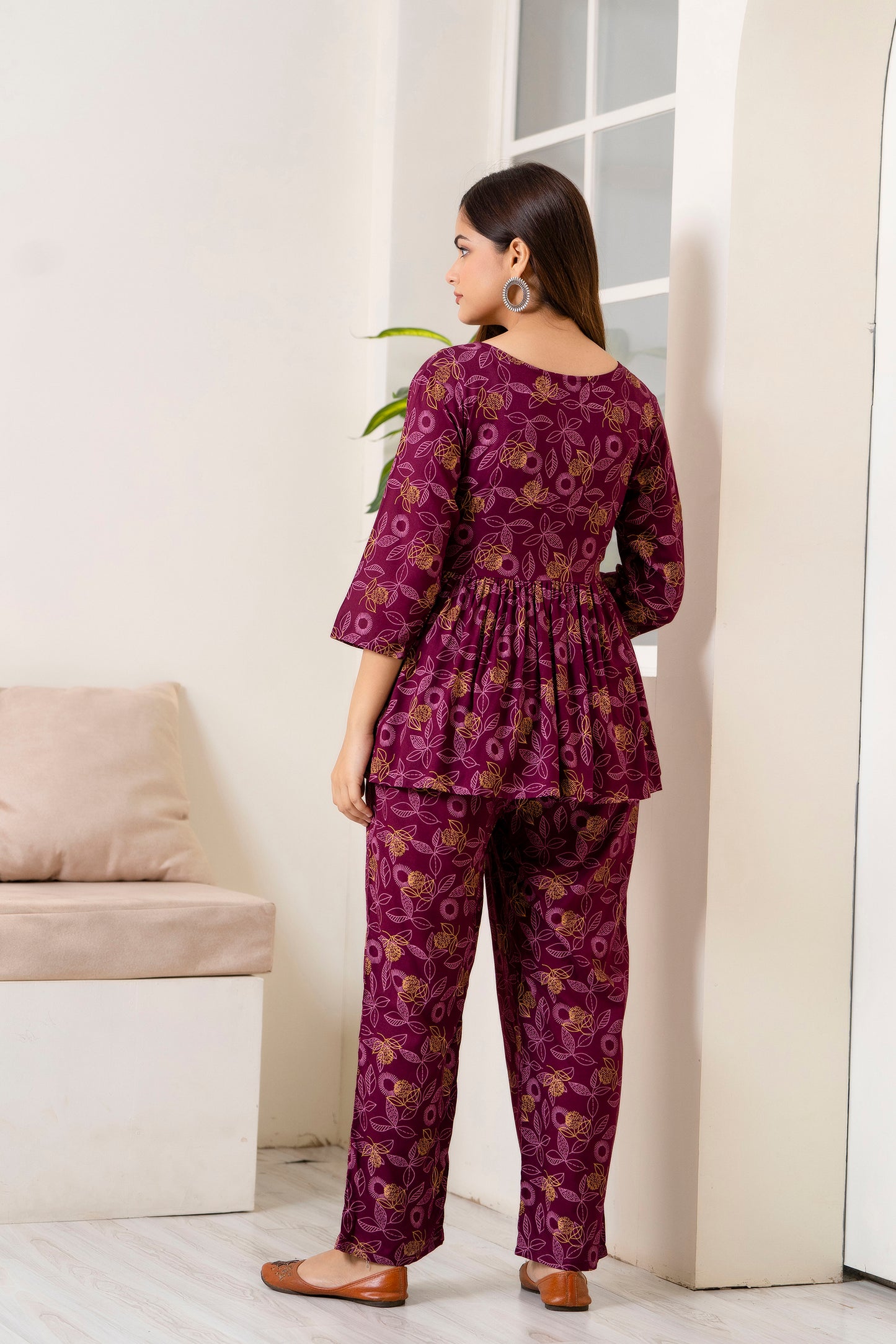 Veshviti Wine Leafs Printed Rayon Co-ord Set
