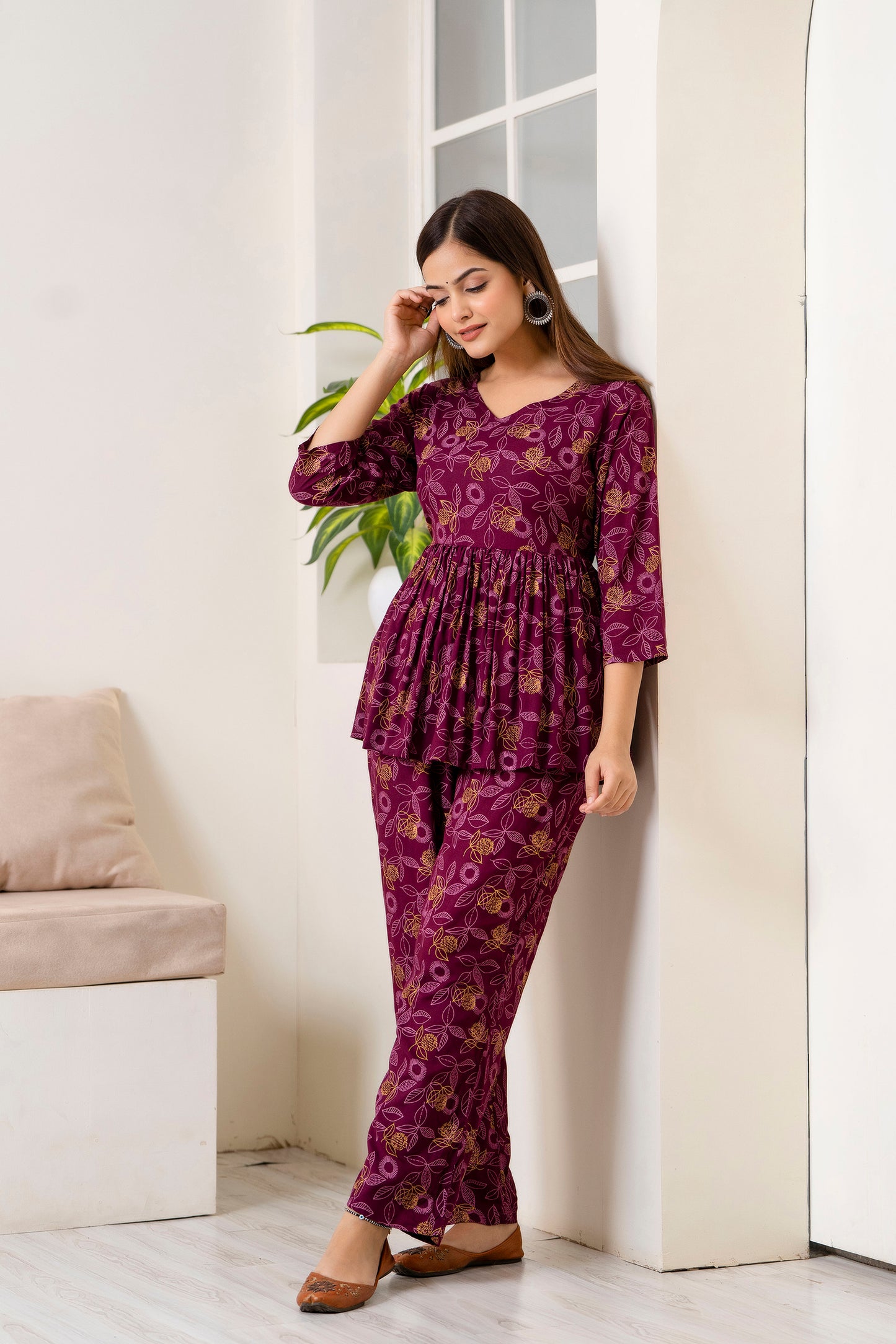 Veshviti Wine Leafs Printed Rayon Co-ord Set