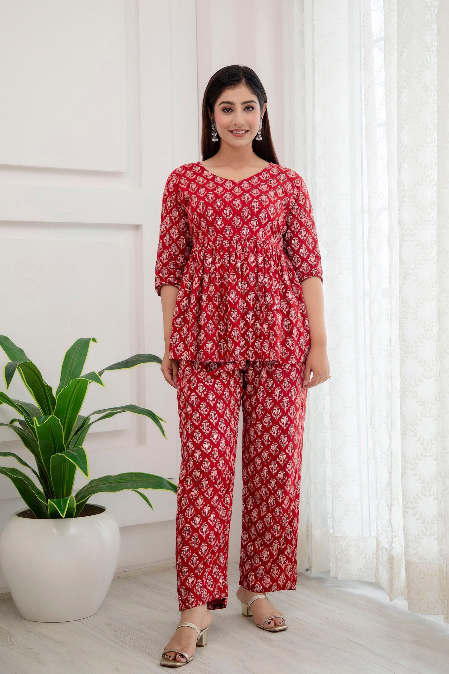 Veshviti Leaf Motif Printed Rayon Flared Co-ord Set