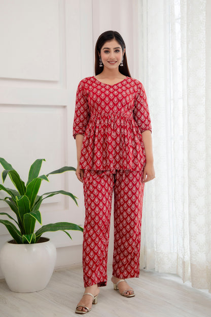 Veshviti Leaf Motif Printed Rayon Flared Co-ord Set