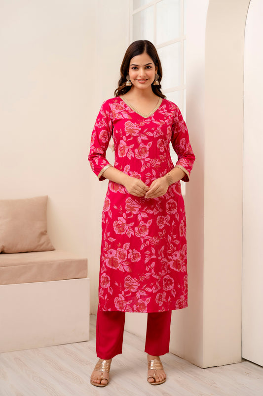 Pink Floral Printed V-Neck Lace Work Straight Kurta with Pant