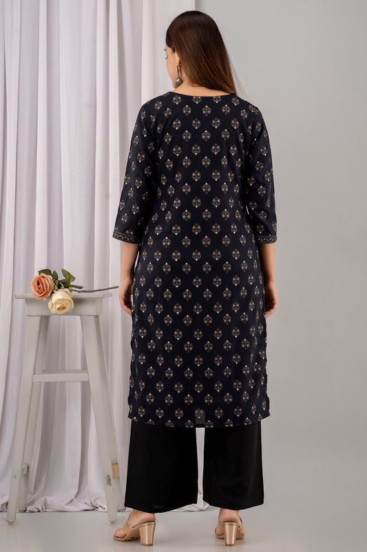 Black Rayon Printed Women Round Neck Straight Kurta Set