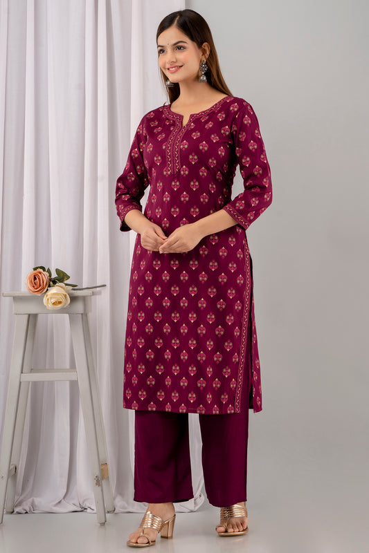 Wine Rayon Printed Women Round Neck Straight Kurta Set