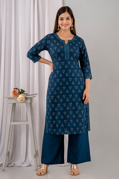 Teal Rayon Printed Women Round Neck Straight Kurta Set