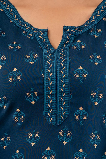 Teal Rayon Printed Women Round Neck Straight Kurta Set