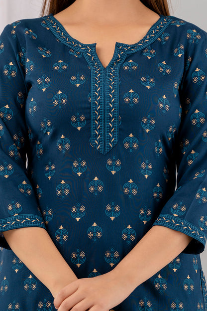 Teal Rayon Printed Women Round Neck Straight Kurta Set
