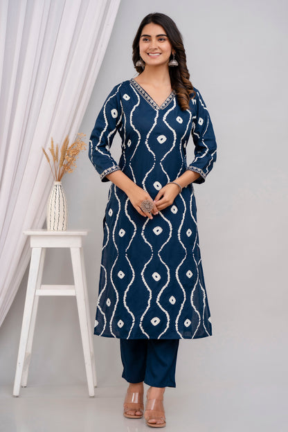 Teal Lehriya Printed Women Embroidered V neck Staright Kurta Set