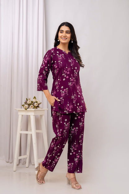 Veshviti Wine Floral Printed Rayon Co-ord Set