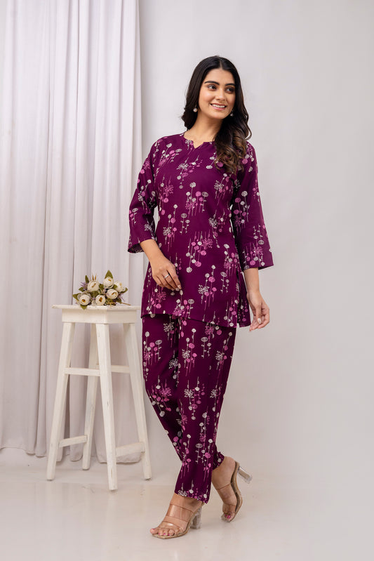 Veshviti Wine Floral Printed Rayon Co-ord Set
