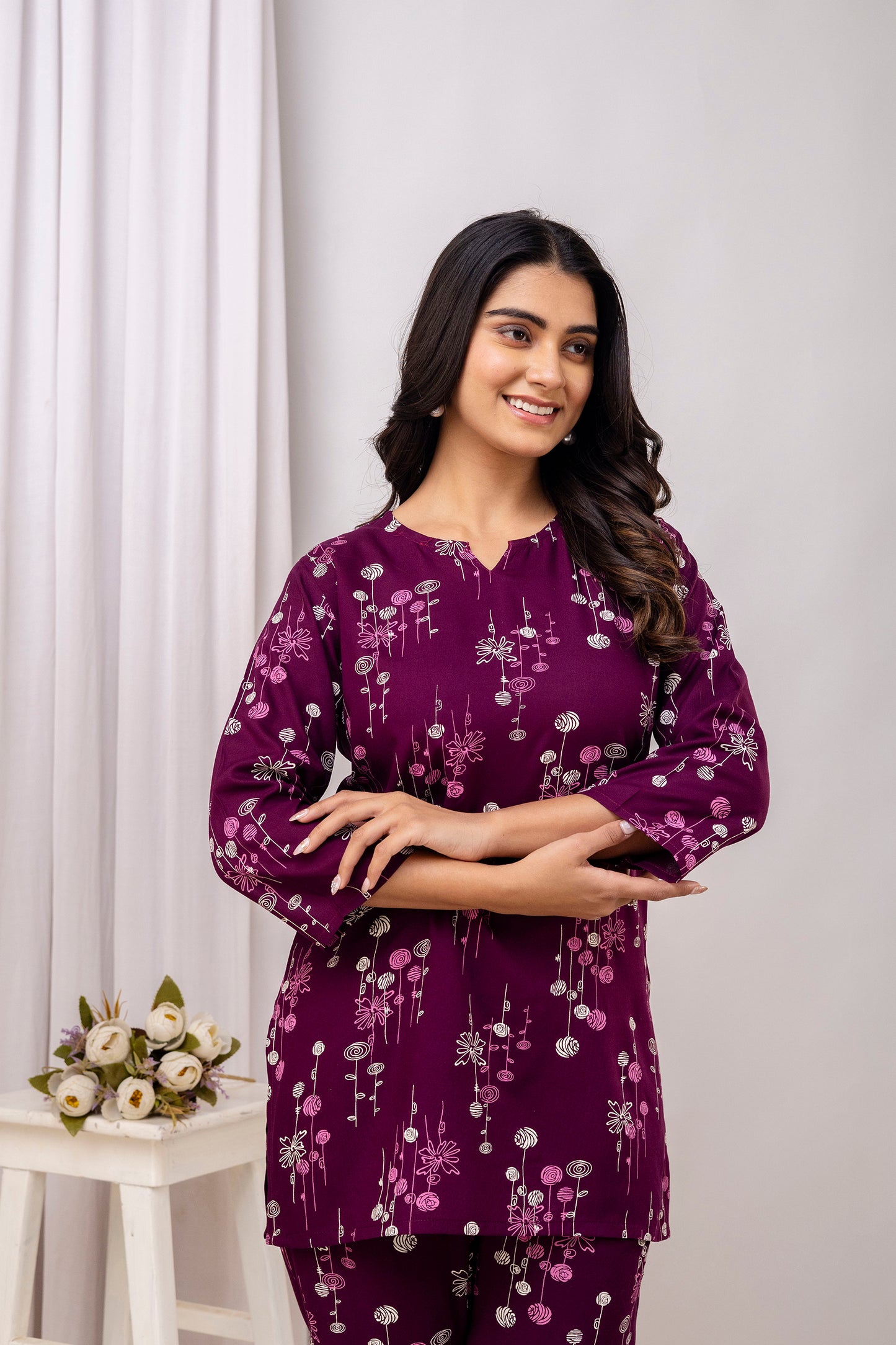 Veshviti Wine Floral Printed Rayon Co-ord Set