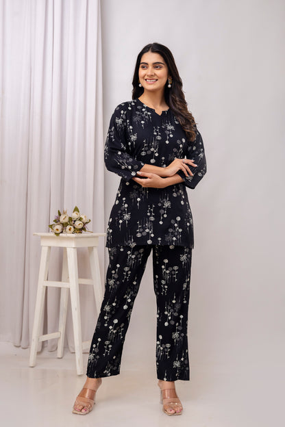 Veshviti Black Rayon Printed Round Neck Pattern Co-ord Set