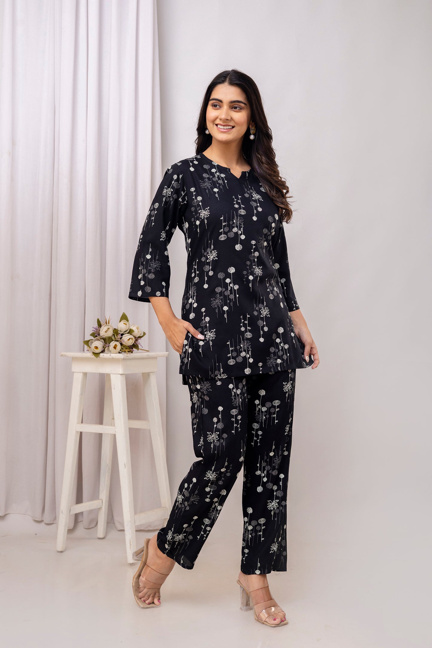 Veshviti Black Rayon Printed Round Neck Pattern Co-ord Set