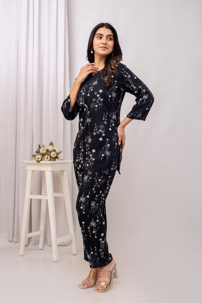 Veshviti Black Rayon Printed Round Neck Pattern Co-ord Set