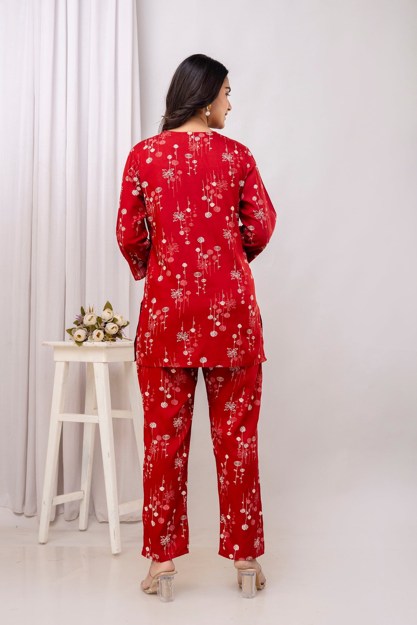 Veshviti Maroon Round Neckline Rayon Printed Co-ord Set