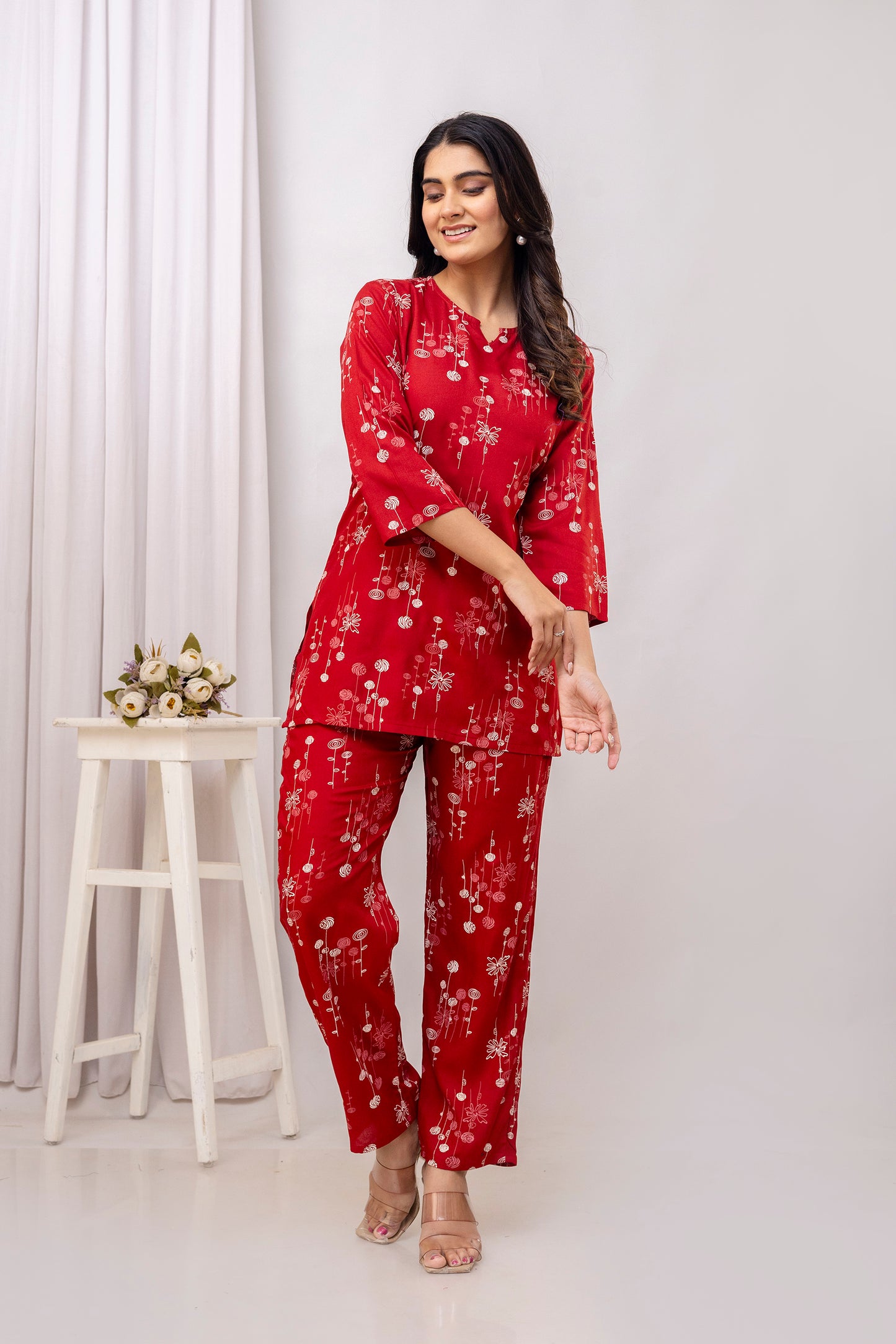 Veshviti Maroon Round Neckline Rayon Printed Co-ord Set