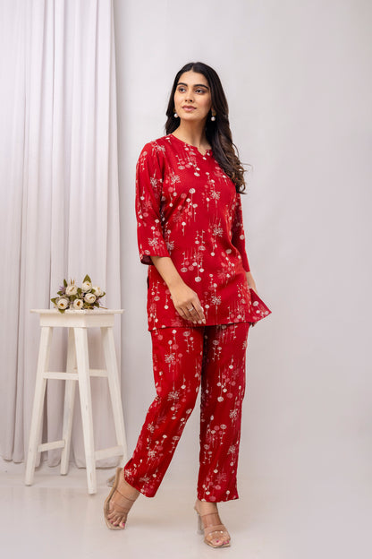Veshviti Maroon Round Neckline Rayon Printed Co-ord Set