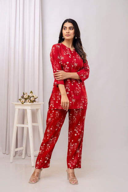 Veshviti Maroon Round Neckline Rayon Printed Co-ord Set