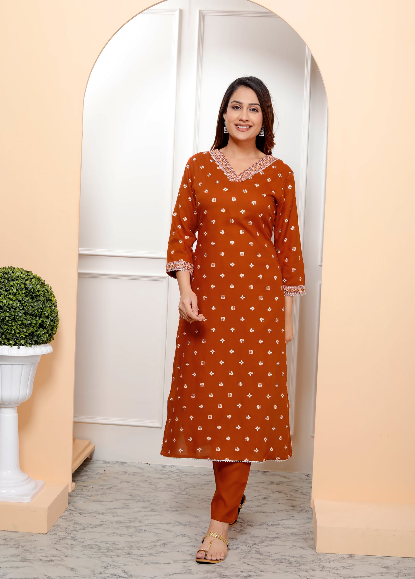 Rust Embroidered V Neck Women Straight Rayon Kurta