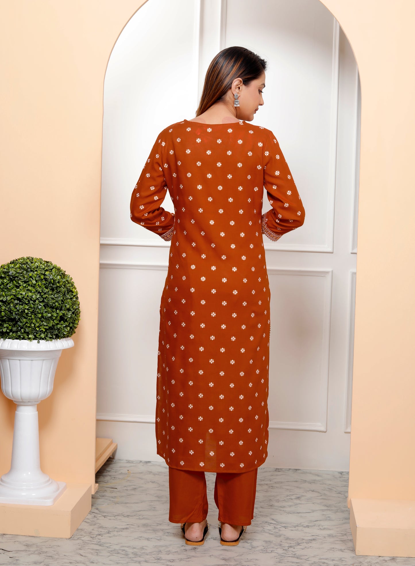 Rust Embroidered V Neck Women Straight Rayon Kurta