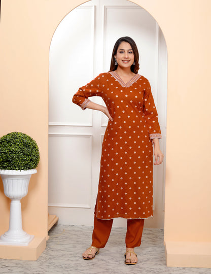 Rust Embroidered V Neck Women Straight Rayon Kurta
