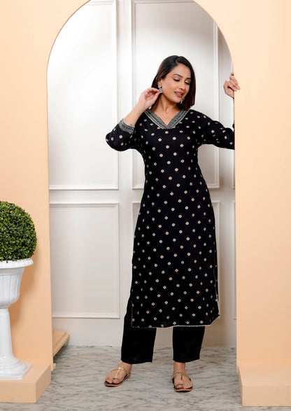 Black Embroidered V Neck Women Straight Rayon Kurta