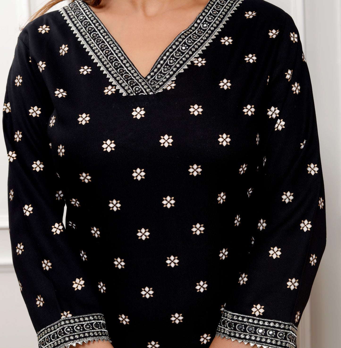 Black Embroidered V Neck Women Straight Rayon Kurta