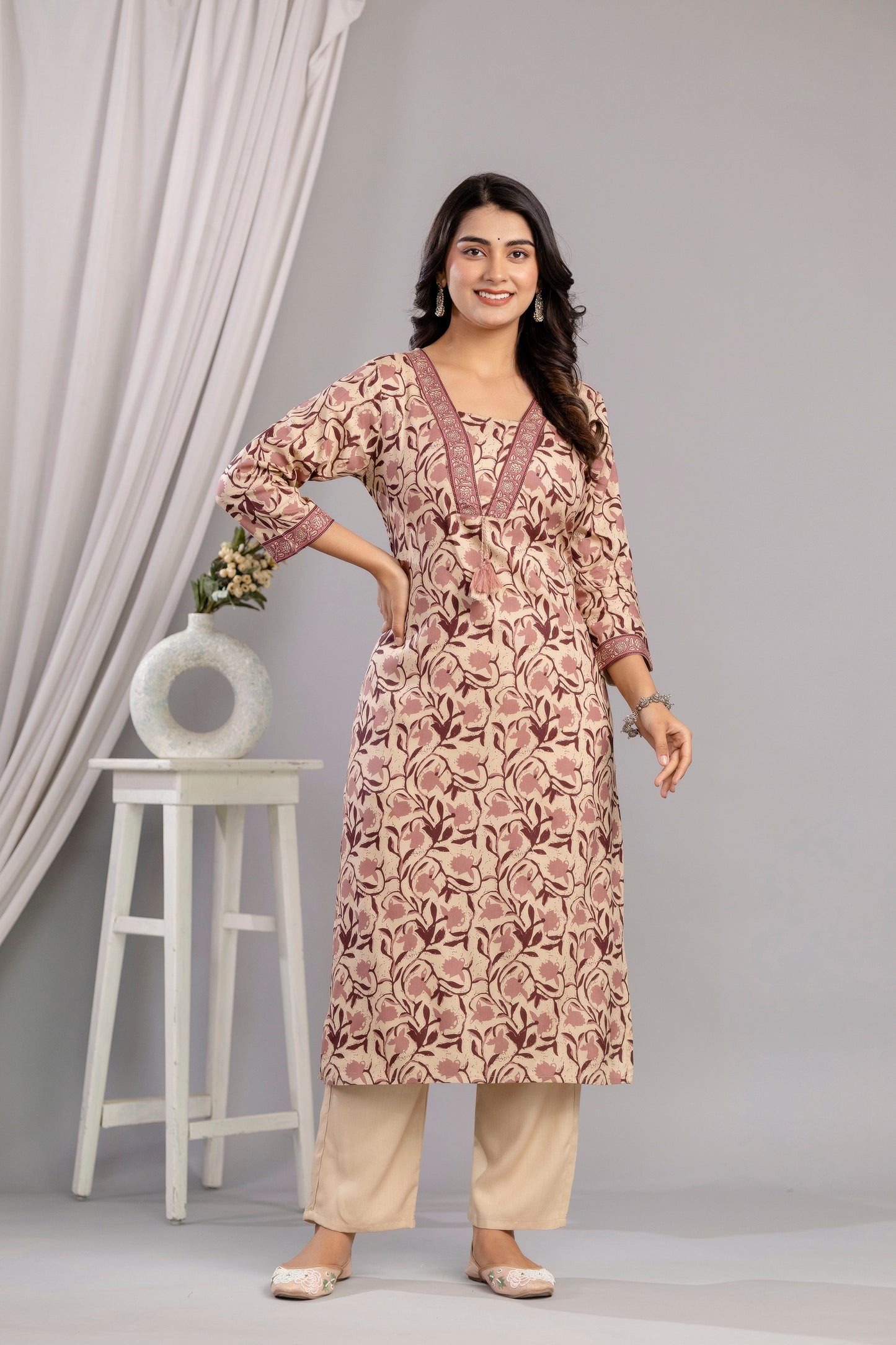 Wine Dabu Printed Rayon Printed Straight Women Kurta Set