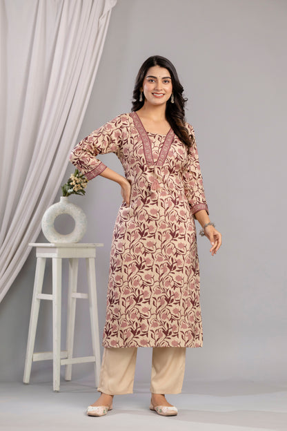 Wine Dabu Printed Rayon Printed Straight Women Kurta Set