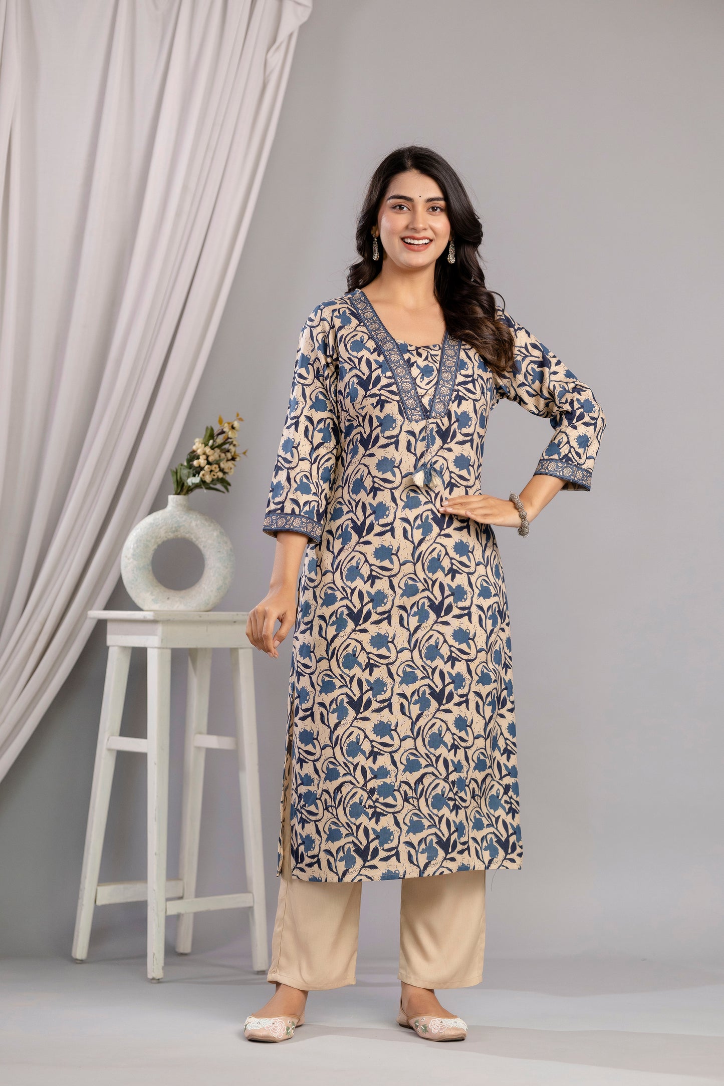 Teal Dabu Printed Rayon Printed Straight Women Kurta Set