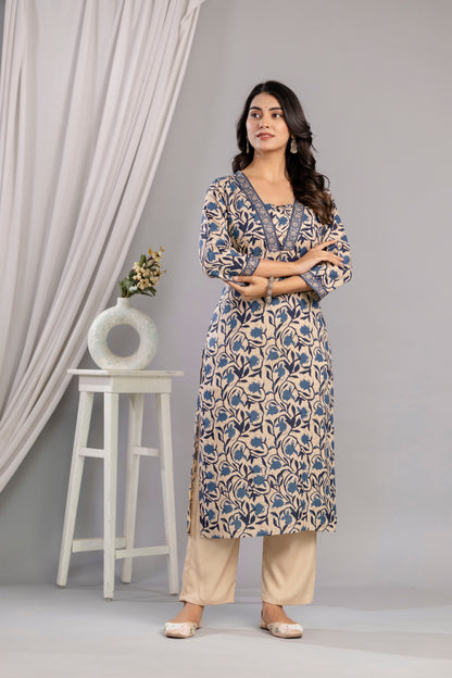 Teal Dabu Printed Rayon Printed Straight Women Kurta Set