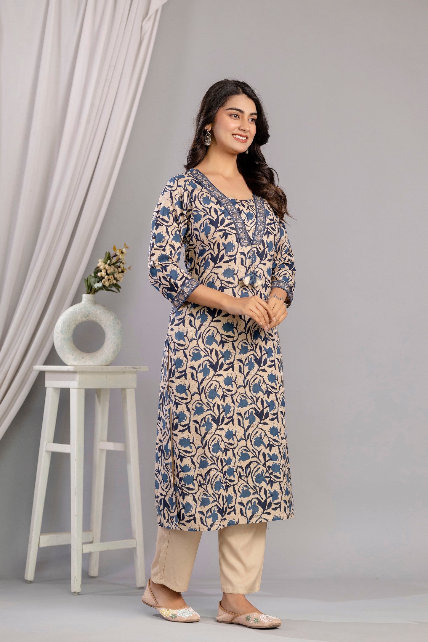 Teal Dabu Printed Rayon Printed Straight Women Kurta Set