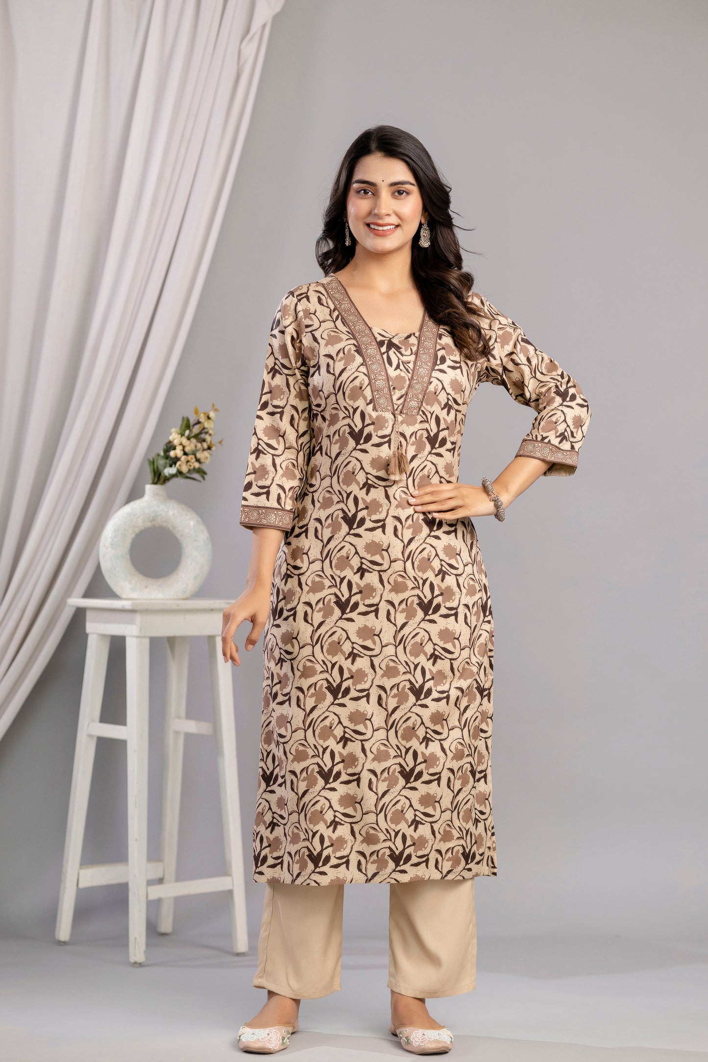 Brown Dabu Printed Rayon Printed Straight Women Kurta Set