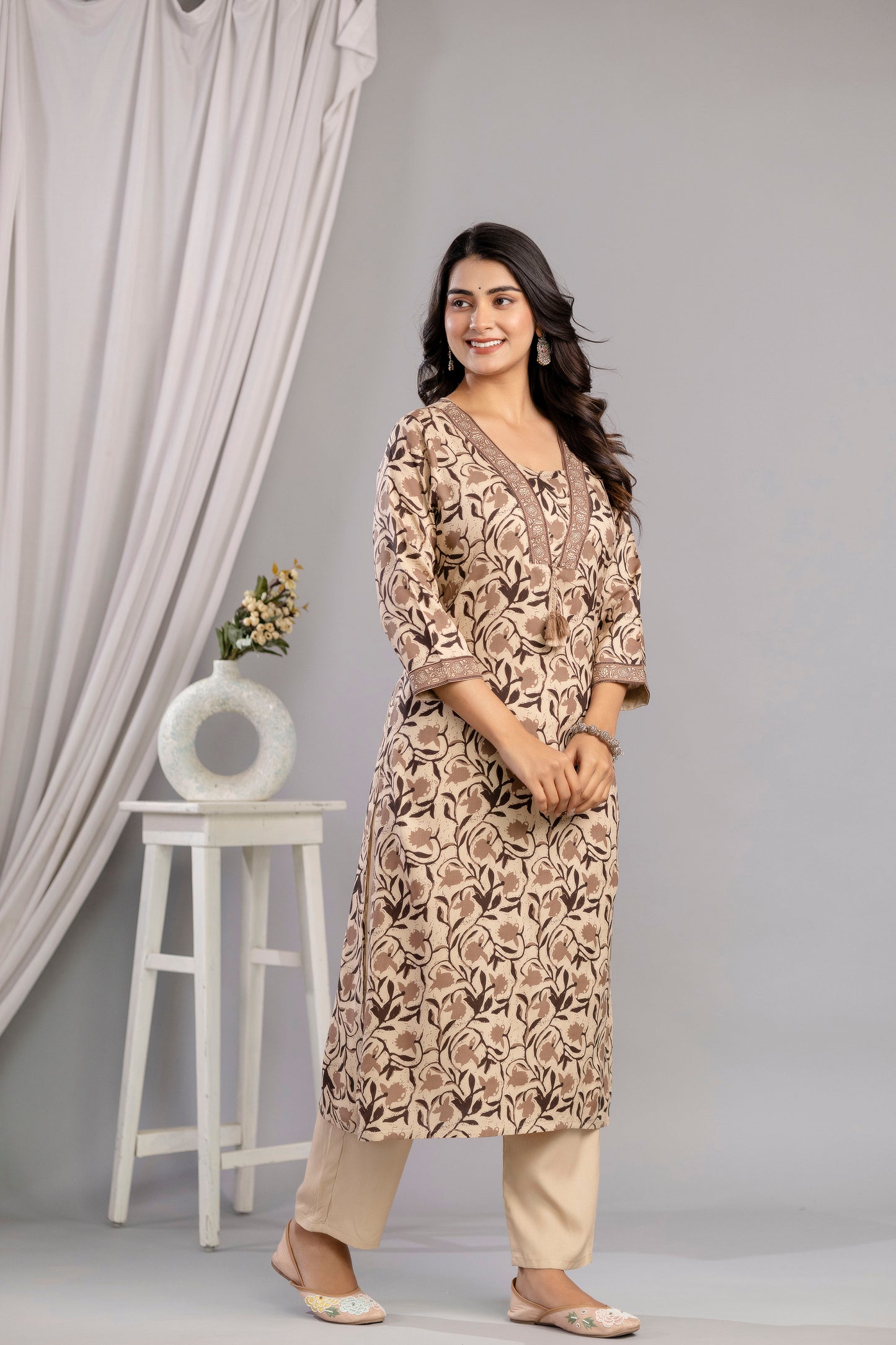 Brown Dabu Printed Rayon Printed Straight Women Kurta Set