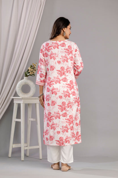 Peach Floral Printed Embroidered V Neck Rayon Straight Kurta Set