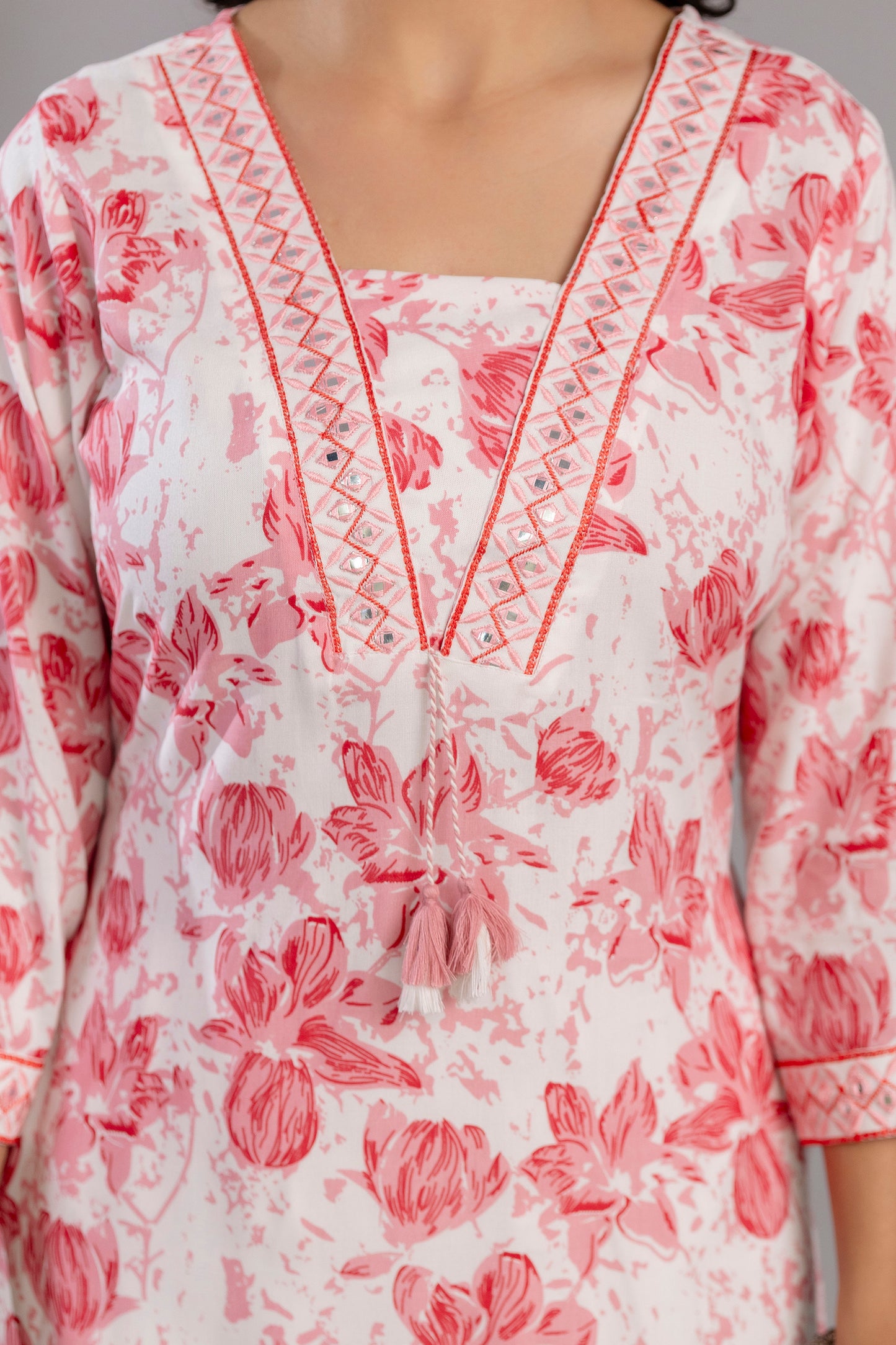 Peach Floral Printed Embroidered V Neck Rayon Straight Kurta Set