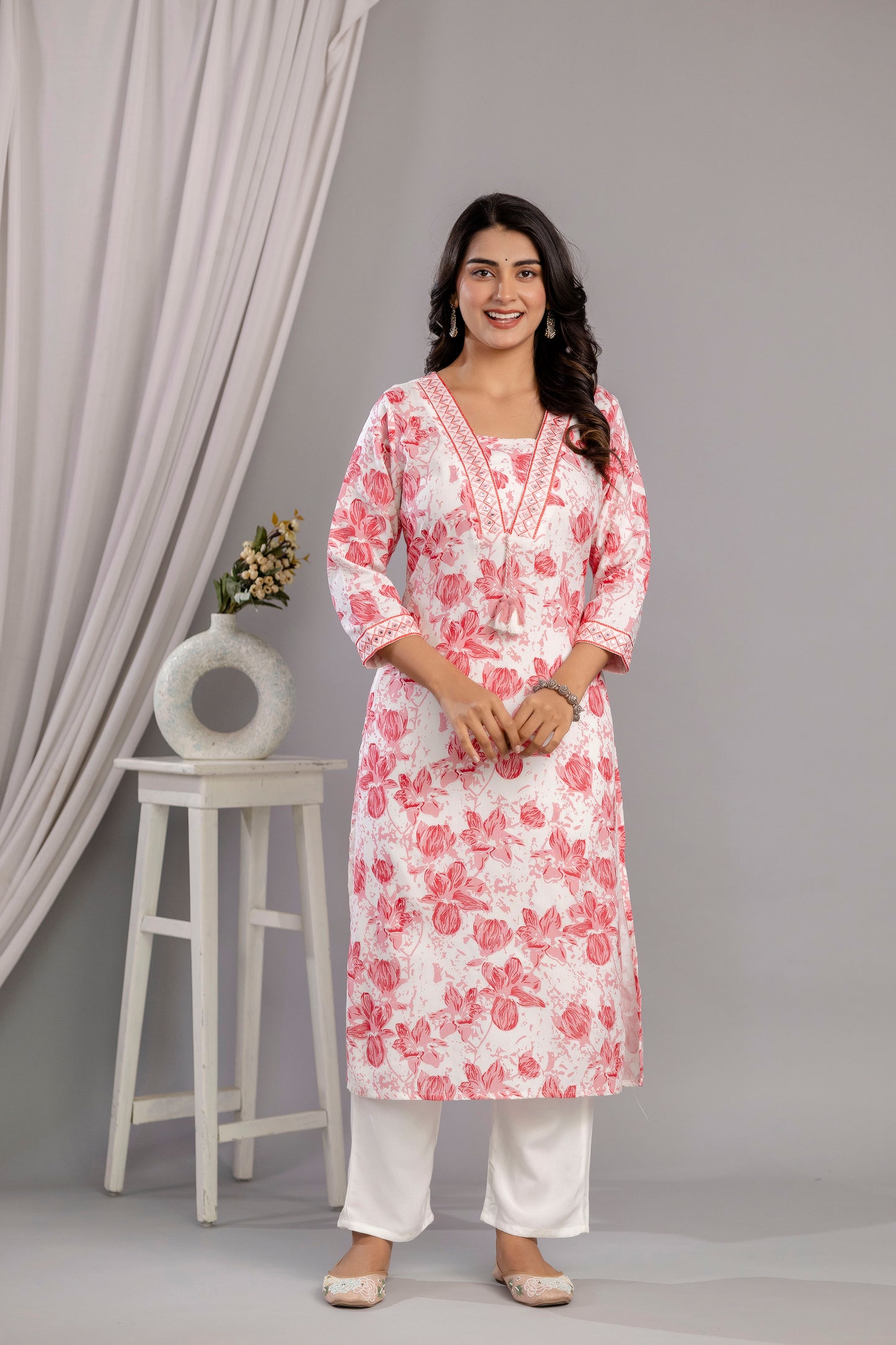 Peach Floral Printed Embroidered V Neck Rayon Straight Kurta Set