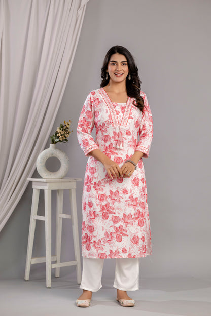 Peach Floral Printed Embroidered V Neck Rayon Straight Kurta Set