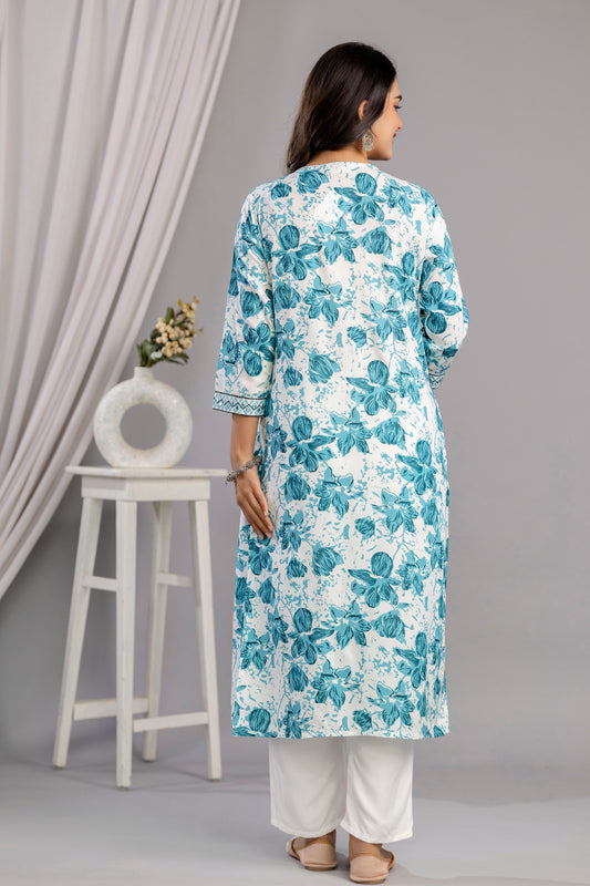 Rama Floral Printed Embroidered V Neck Rayon Straight Kurta Set