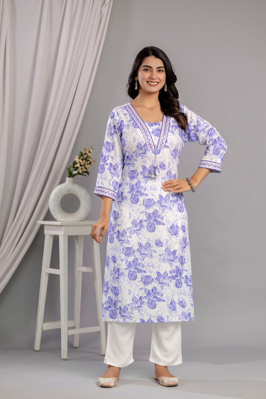 Purple Floral Printed Embroidered V Neck Rayon Straight Kurta Set