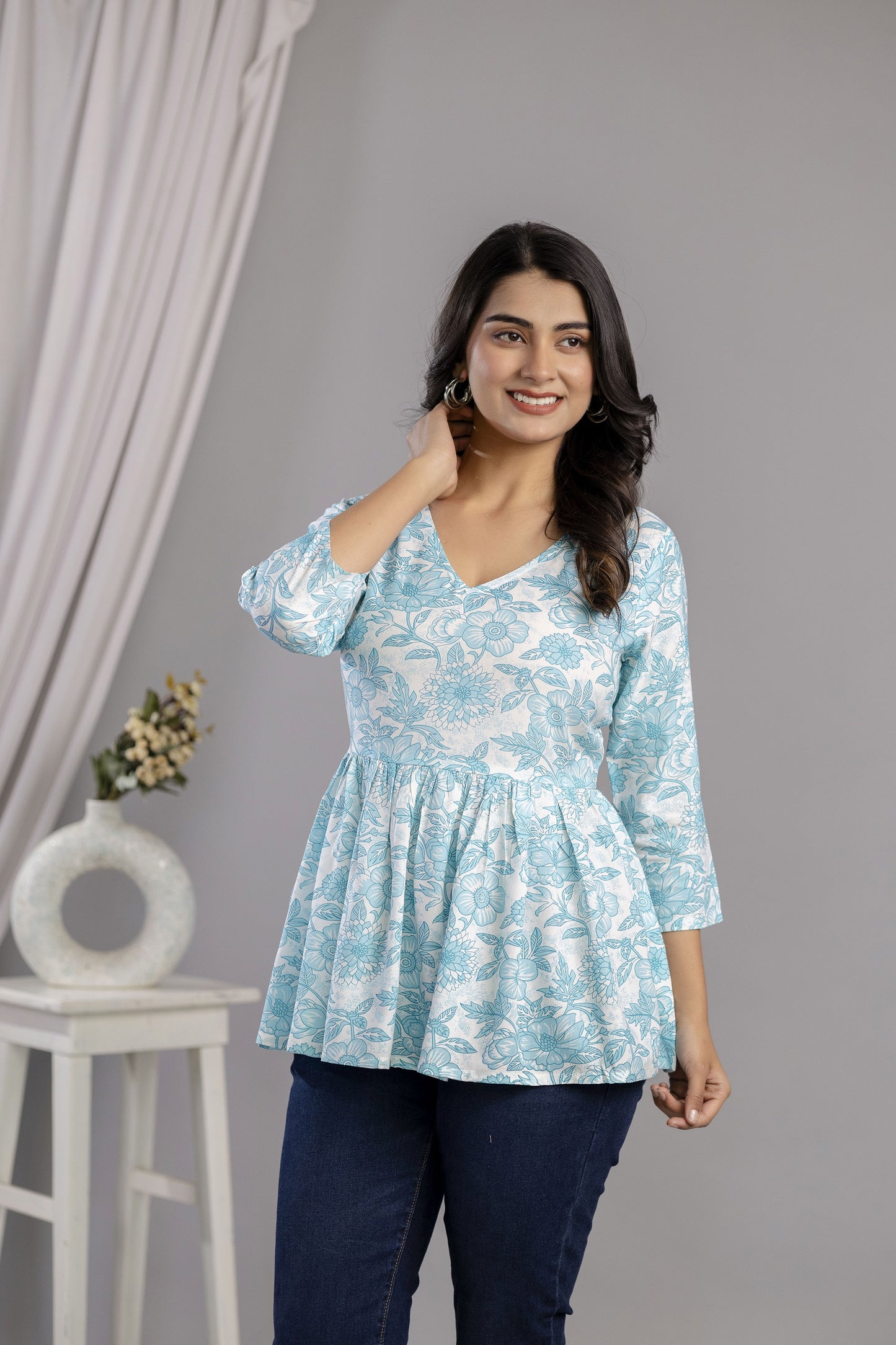 Veshviti Women Sky Blue Floral Print Peplum Top | V-Neck Casual Wear Top