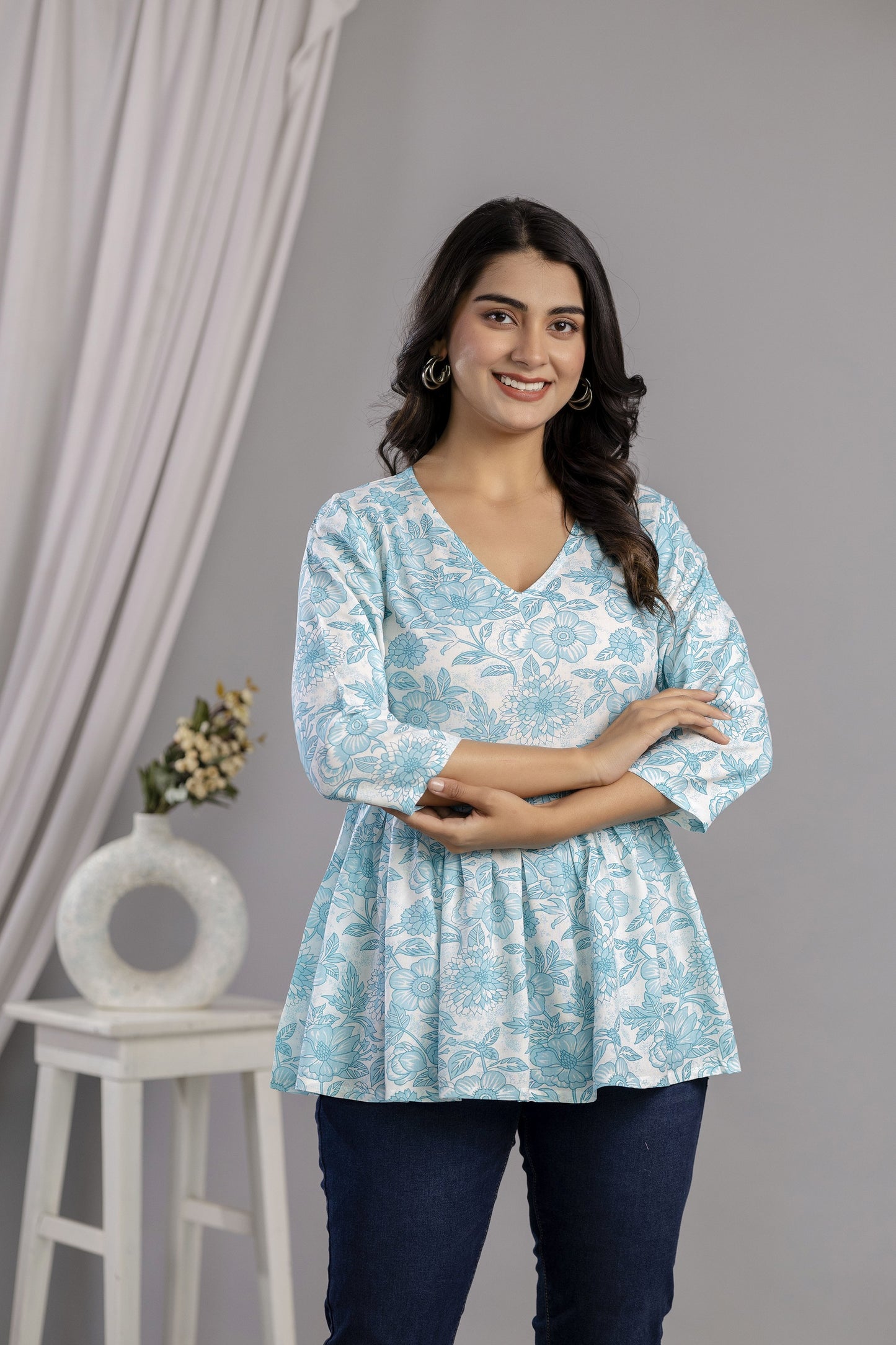 Veshviti Women Sky Blue Floral Print Peplum Top | V-Neck Casual Wear Top