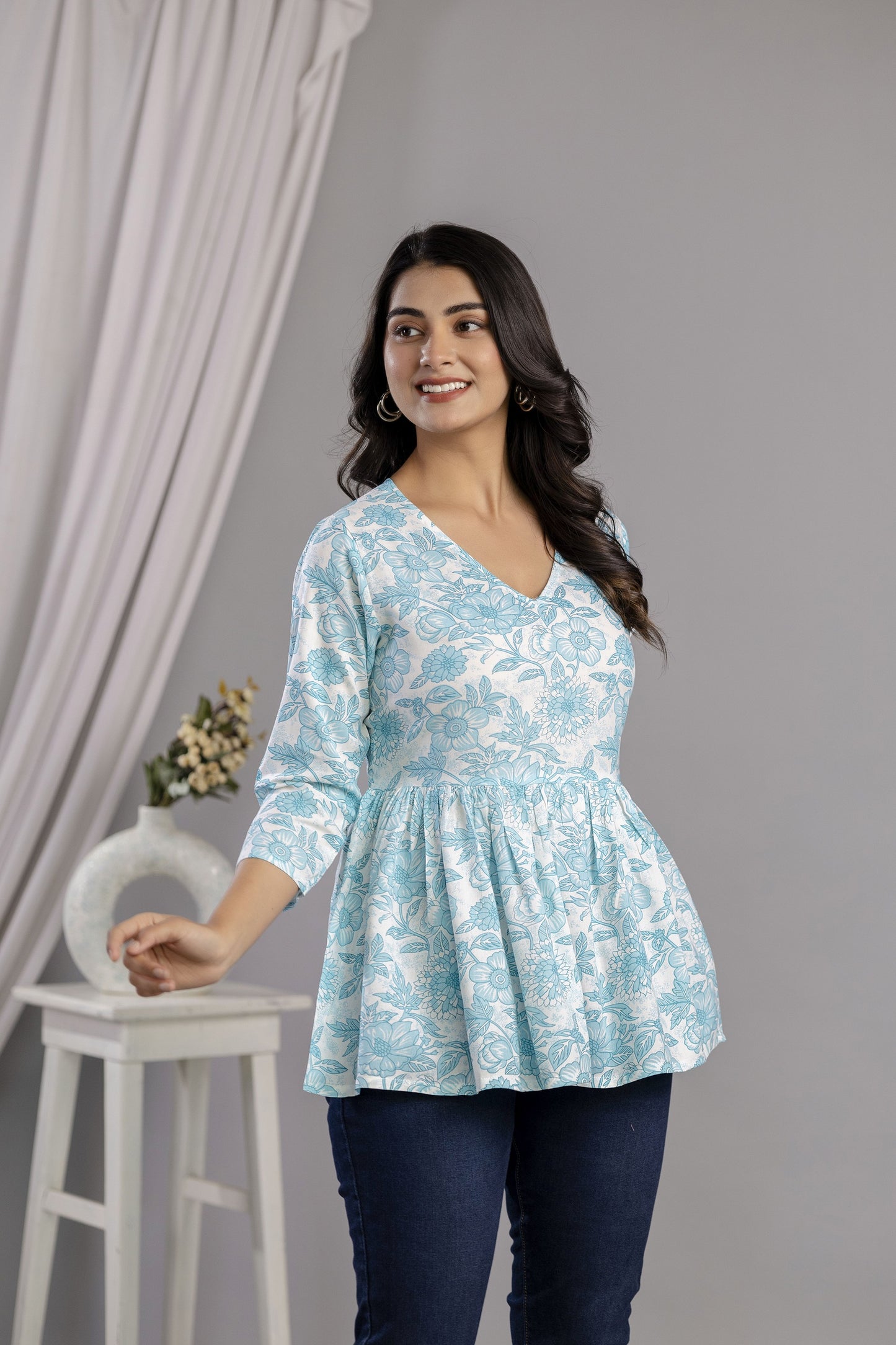 Veshviti Women Sky Blue Floral Print Peplum Top | V-Neck Casual Wear Top