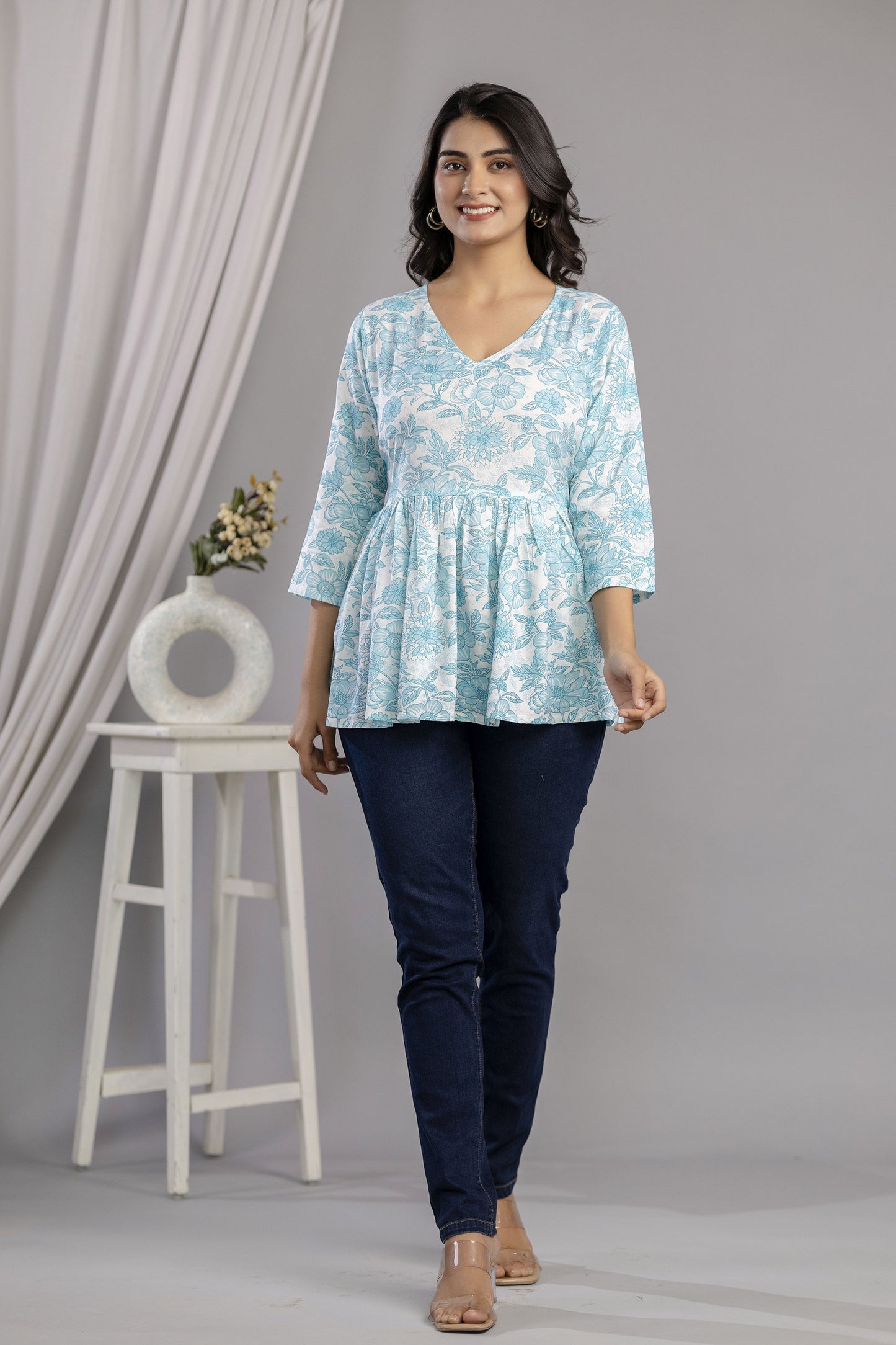 Veshviti Women Sky Blue Floral Print Peplum Top | V-Neck Casual Wear Top